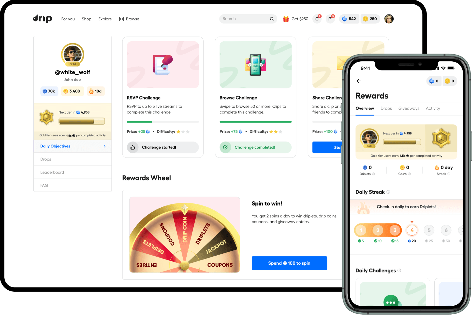 Dripshop overview, gamification touchpoints across the platform