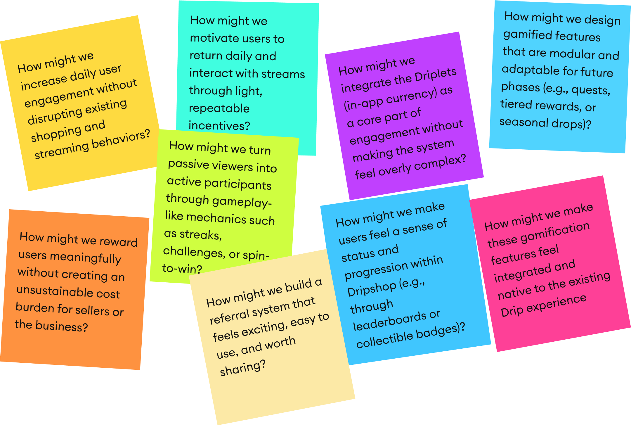 How Might We brainstorm, questions surrounding gamification mechanics