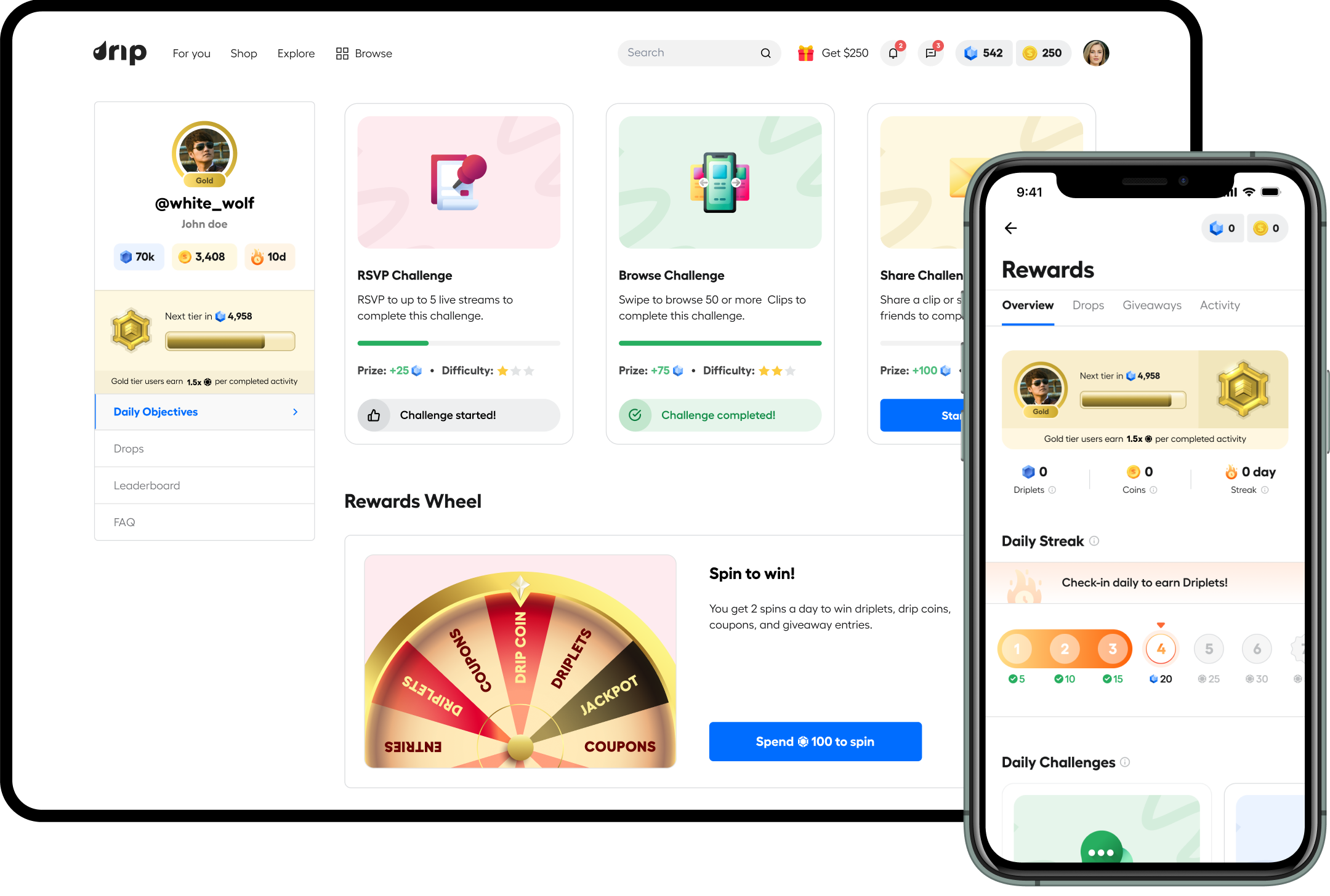 Dripshop overview, gamification touchpoints across the platform