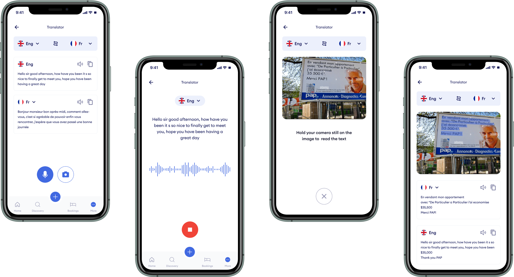 Speech and Image Translation, four phone mockups